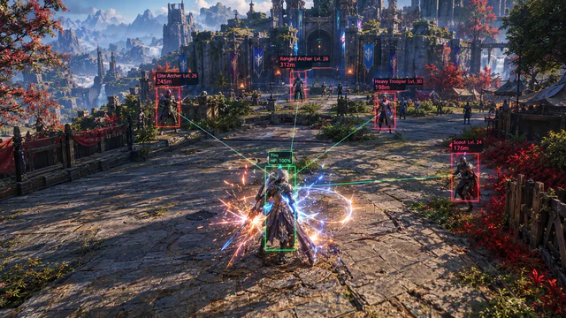 AION 2 Fantasy-Arenakampf mit Kampf-Overlay-Markierungen auf gepanzerten Kämpfern in einer runden Grube