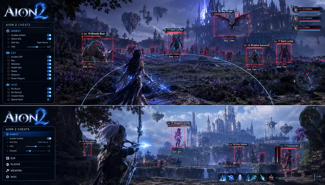AION 2 fantastik manzara, ESP çerçeveleri ve nişan artı işaretleriyle bir hile kaplaması vitrini