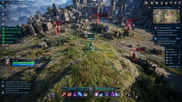 AION 2 Festungsruinen mit ESP-Boxen, die Gegner durch bröckelnde Steinmauern markieren