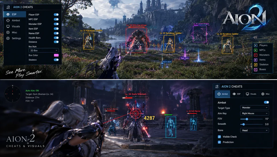 AION 2 neon-lit battlefield showcase with bright ESP outlines marking players across the field