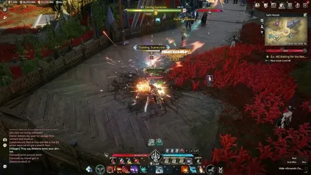 Cena de combate em mundo aberto de AION 2, com personagens lutando sob o céu amplo de Atreia